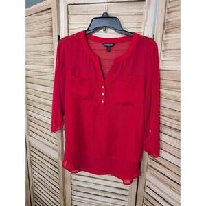 Express Top Shirt Womens Medium Red Double Textured Satin Sheer Accent
